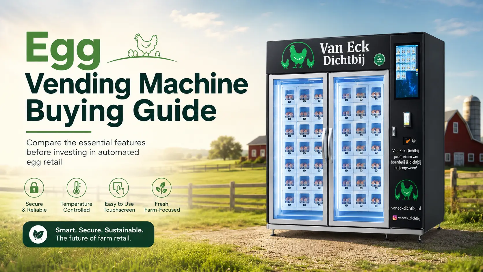 Egg vending machine buying guide for comparing essential features and automated egg retail solutions on a farm.
